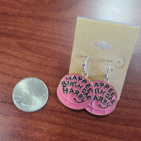 New Handmade Metal and Enamel Happy Birthday Harry Potter Dangle Earrings - Picture 4 of 5
